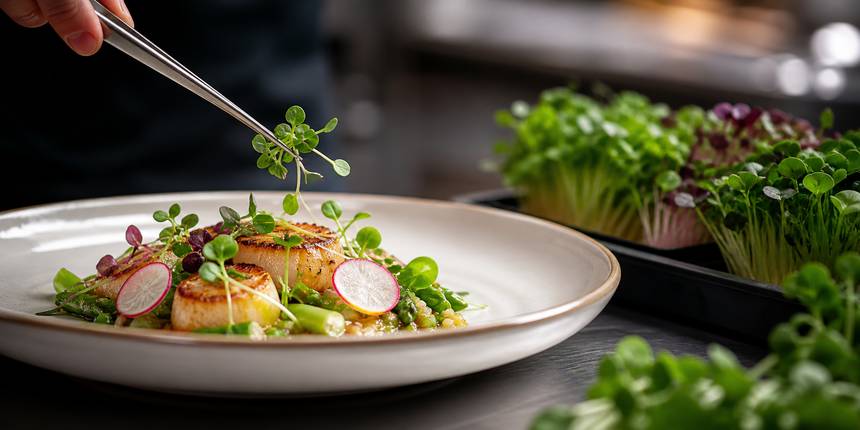 Chef-style plate finished with fresh microgreens